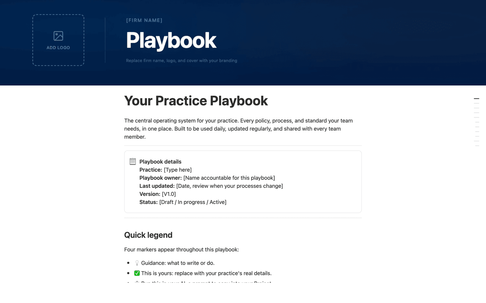 The Practice Playbook hub in Notion, showing the playbook details, quick legend, and chapter structure ready to be branded